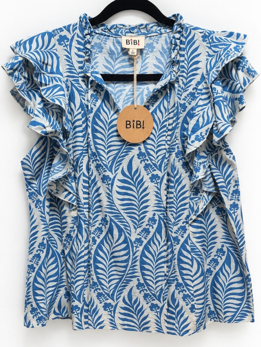 BIBI Blue & Ivory Leaf Print Ruffle Sleeve Top Size Large NWT